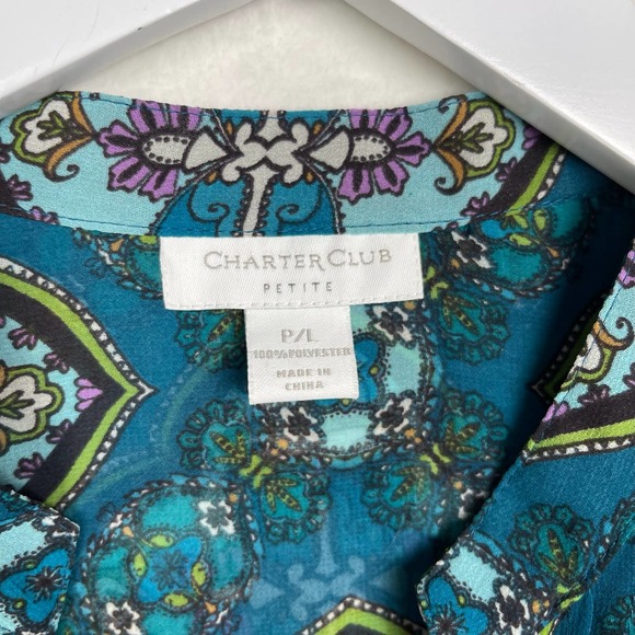 NWT Charter Club Teal V-Neck Button Up Tuxedo Pleated Blouse Tunic Large Petite - Picture 12 of 16